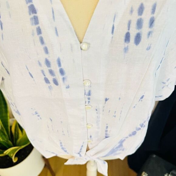 RAILS Thea Tie‎ Waist Linen Blouse Top, Tie-dyed, Blue/White, Large, (12), NWT - Picture 15 of 16